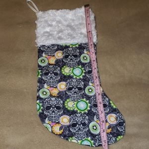 Gothic 17" Halloween Holiday Stocking Sugar Skulls & Flowers w White Fur Trim